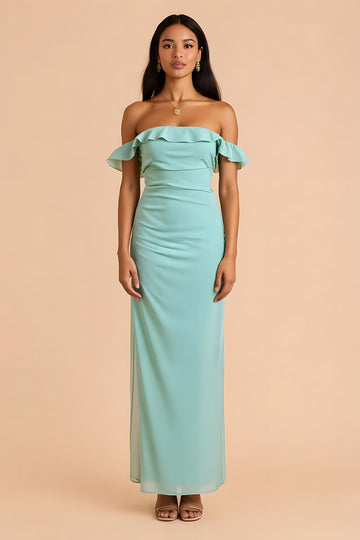 Robe de demoiselle d’honneur longue fourreau à épaules dénudées vert menthe